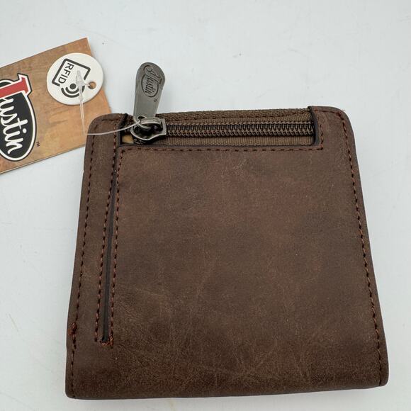 Justin RFID Western Bi-Fold Wallet Brown Studded Leather NWT - Picture 3 of 9